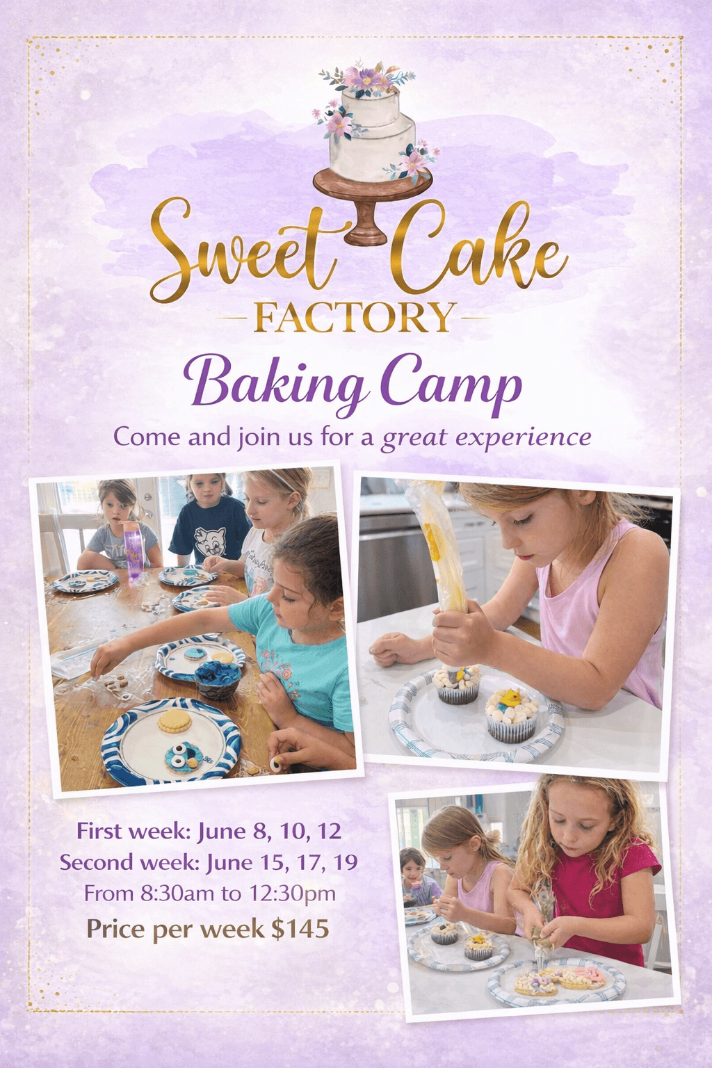 Sweet Cake Factory summer baking camp flyer with June dates and pricing.